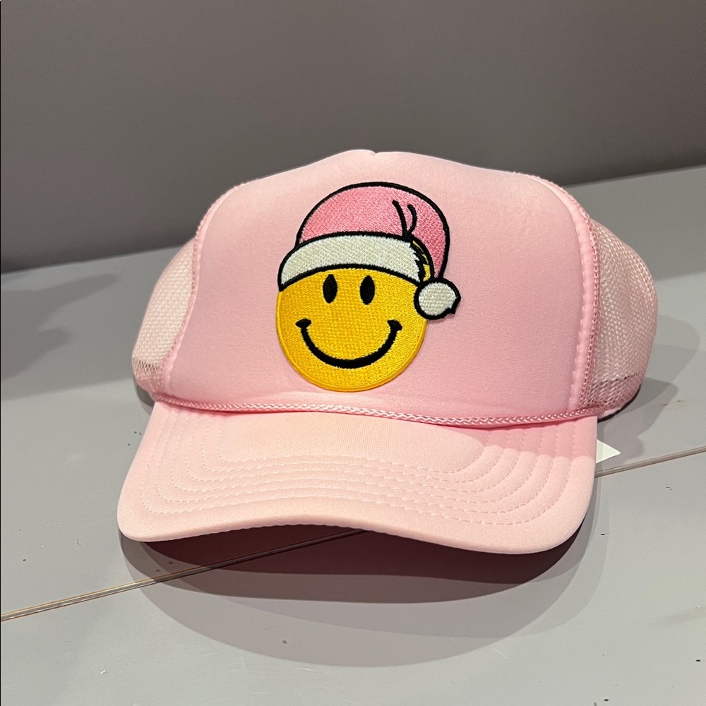 Pink Trucker Hat with Smiley Face and Santa Hat